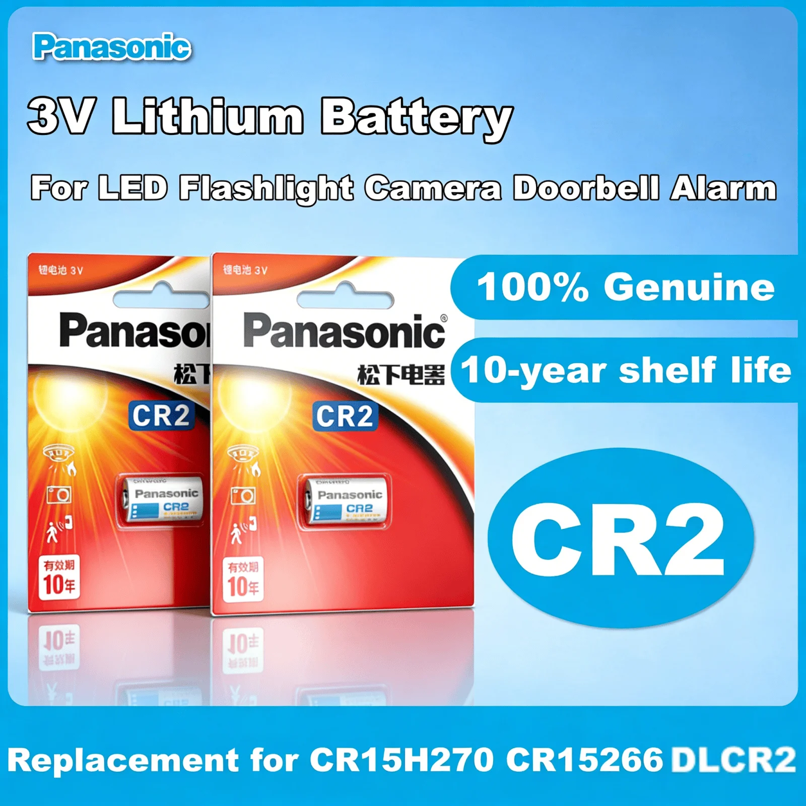 

Original Panasonic CR2 3V Lithium Battery Replacement for CR15H270 CR15266 DLCR2, Ideal for LED Flashlight Camera Doorbell Alarm