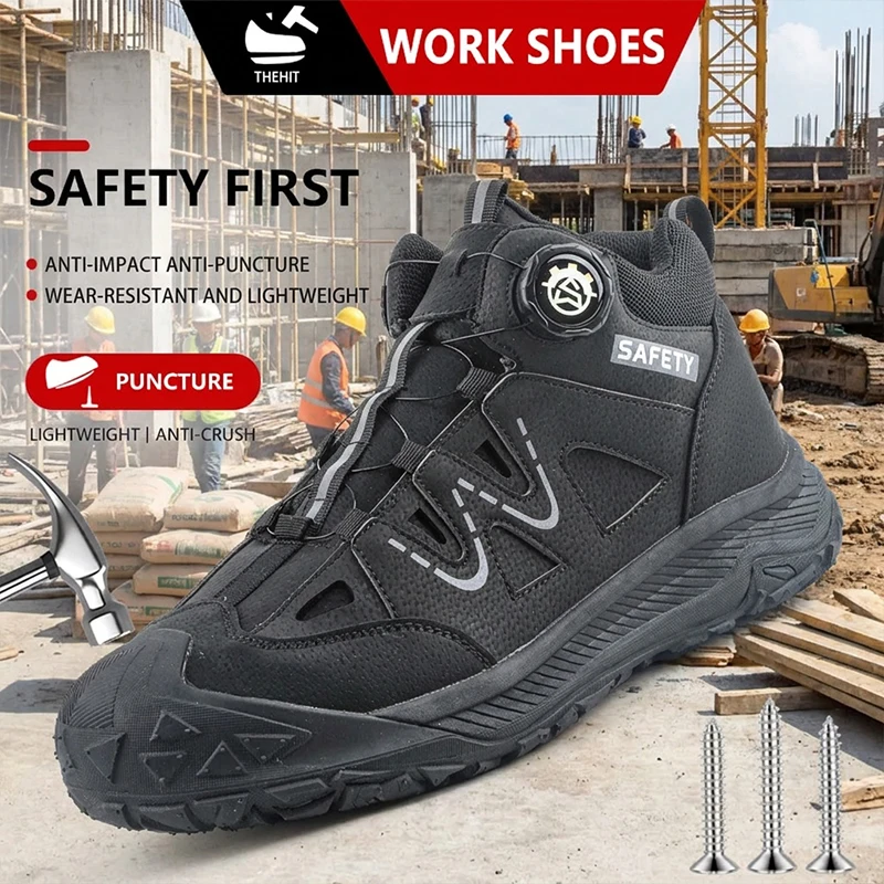 Wear-resistant Rubber Sole Rotary Buckle Safety Boots Anti-Puncture for Flooring Work Shoes Steel processing, home decorati