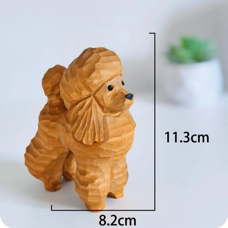 Handcrafted Poodle Wood Carving Lifelike Dog Sculpture Soothing Animal Figurines Decor Collectible Pet Statue Home Decorations