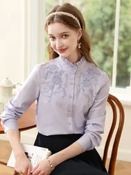 I BELIEVE YOU Purple French Women Shirt 2023 New Autumn Chic Embroidery Stand Collar Long Sleeve Blouse&Shirt Female 2233055342