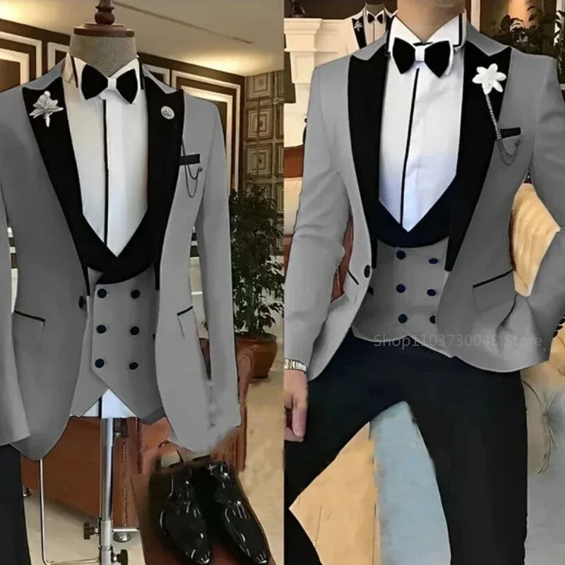 3 Pieces Solid Men\'s Suit One Button Peak Lapel Jacket Vest Trousers Dinner Wedding Groom Tuxedos Slim Fit Formal Business Suits