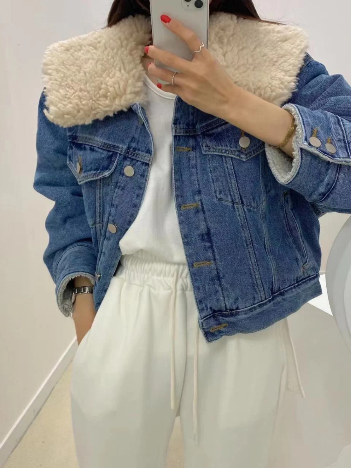 

Lamb Fur Patchwork Denim Jaet Women's Retro Collar Loose Fce Lined Thi Warm ort Cotton Coat Jaet