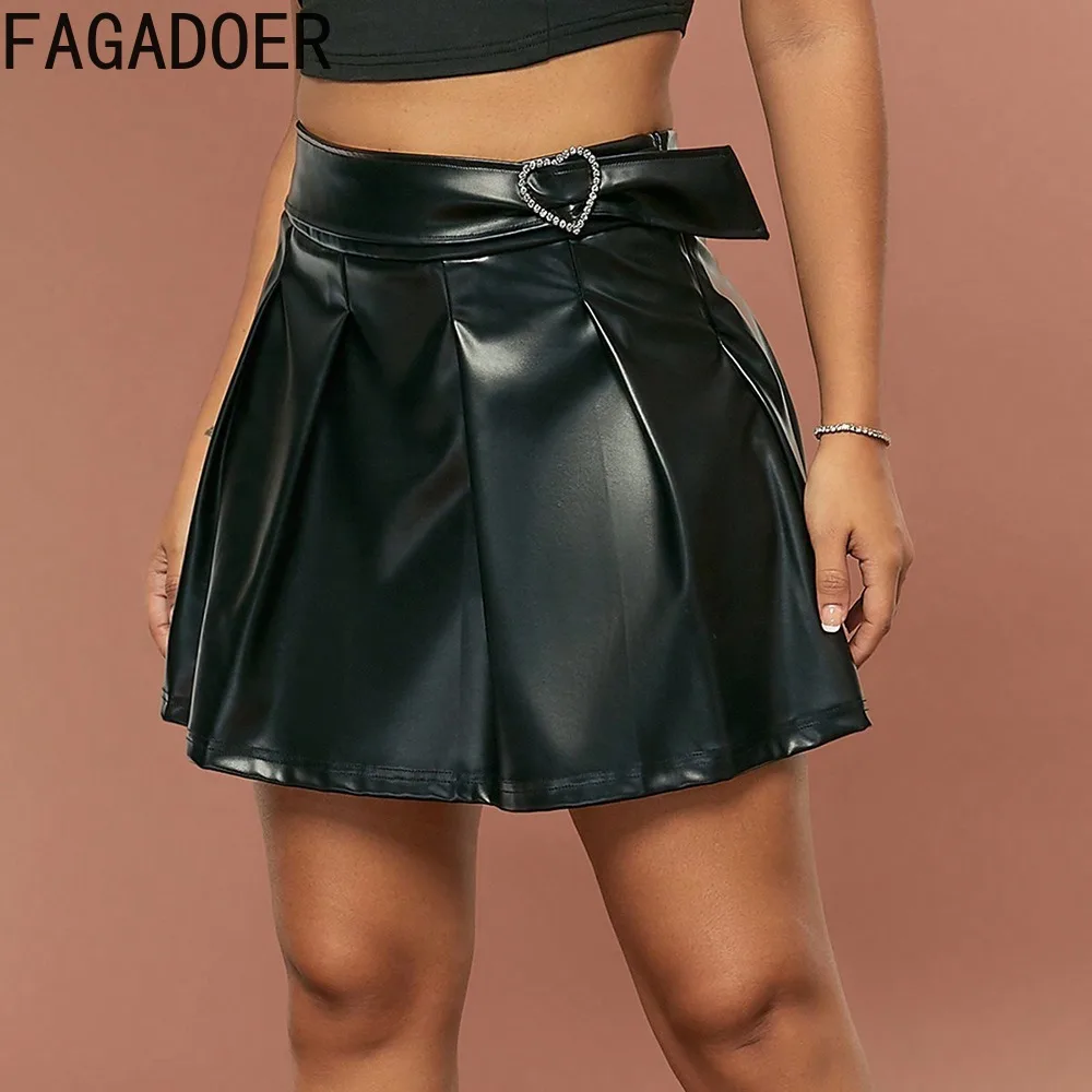 FAGADOER Black Fashion PU Leather Pleated Skirts Women High Waisted A-line Ruched Mini Skirts Female Solid Hot Girl Streetwear