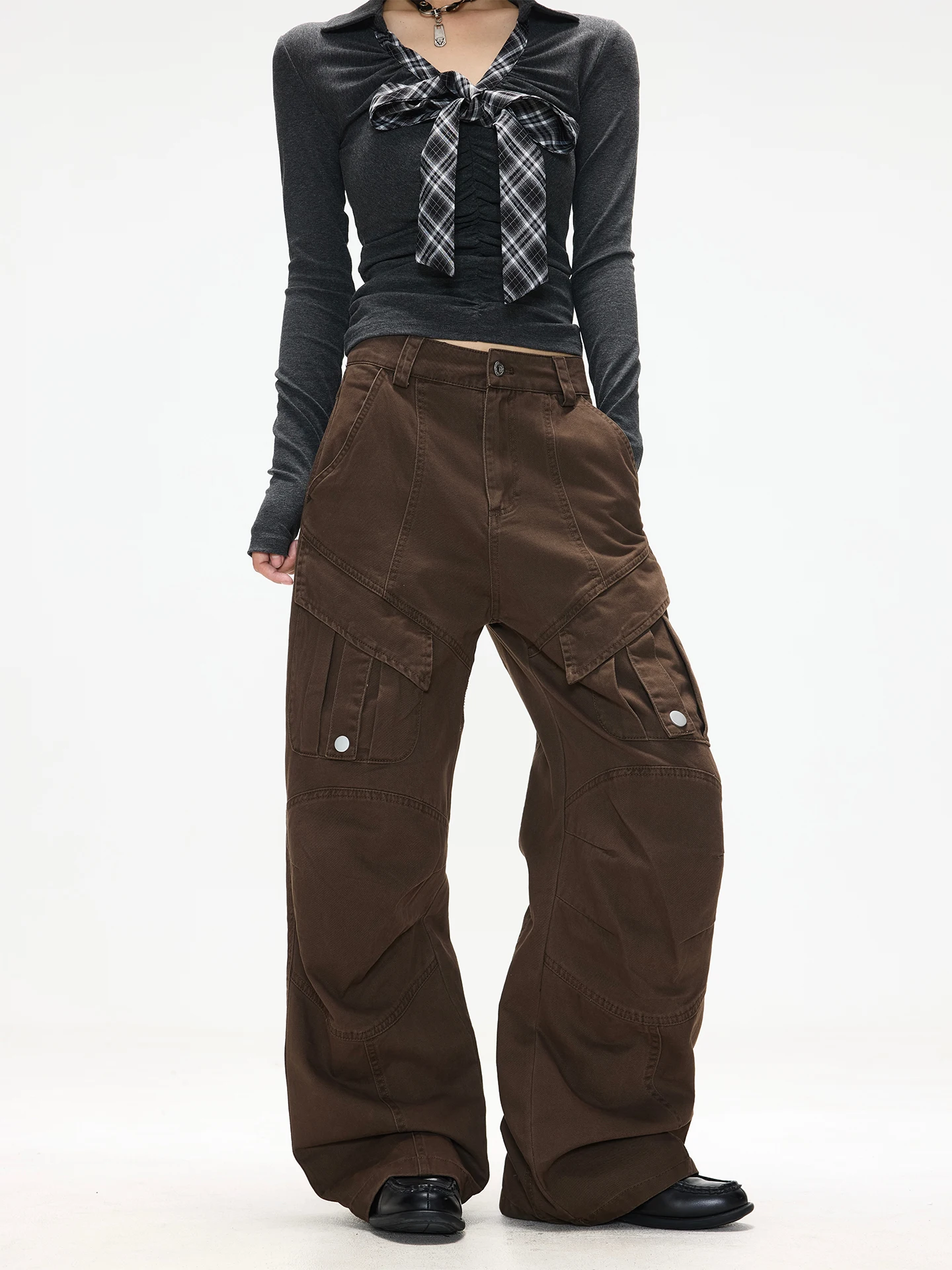 

Chen Zhanlao Store American Retro Straight Leg Work Pants Women Loose Cleanfit Casual Wide Leg Pants High Waist Button Closure