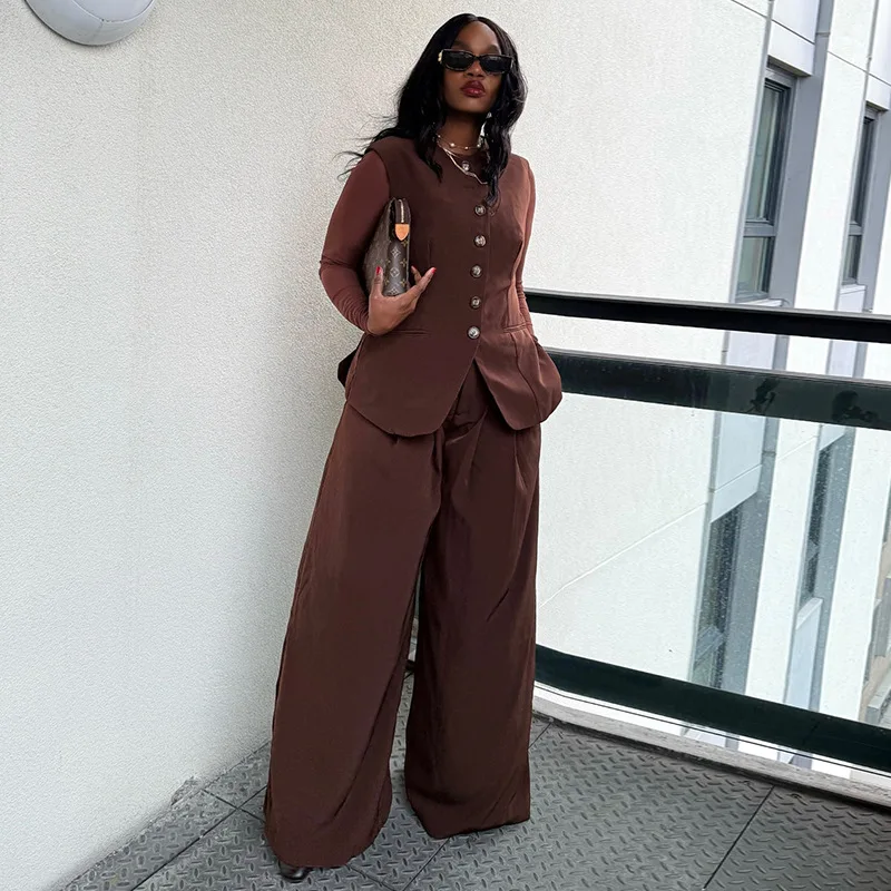 

Temperament elegant single-breasted round neck vest high waist wide-leg pants two-piece stylish simple versatile holiday style h