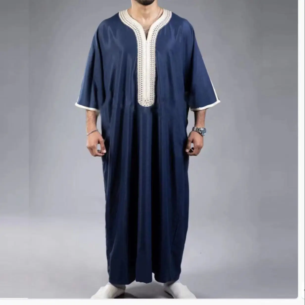 Zomer 2025, Kaftan Moslim Heren Korte Mouw Geborduurd Los Casual Gewaad Ademend Islamitische Abaya Voor Mannen