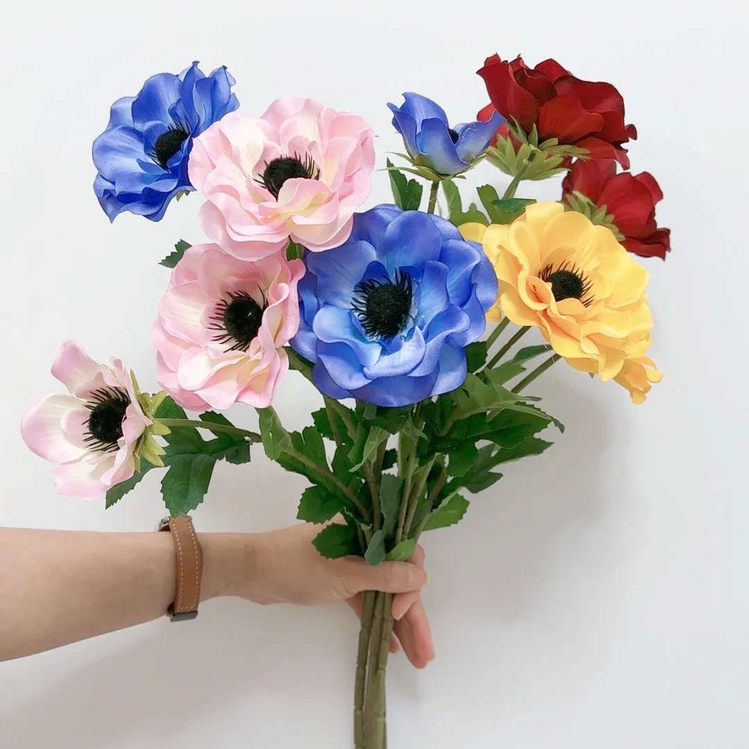 3 Heads Anemone Fake Flowers Silk Flores Bouquet Home Decor Artificial Party Wedding Decoration Wreath DIY Crafting Accessories