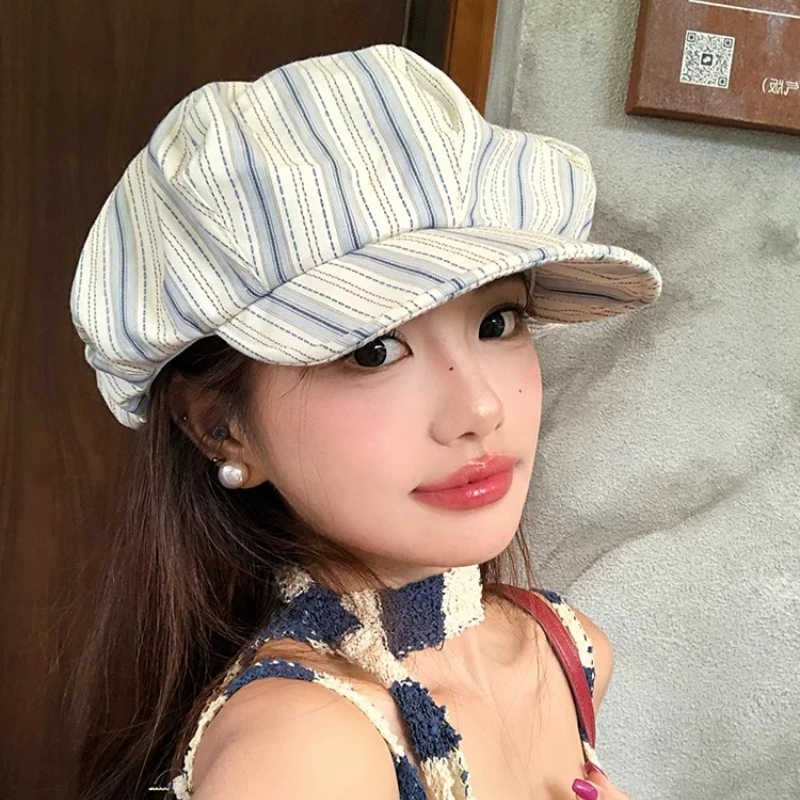 

Japanese Niche Retro Striped Berets Cap for Women Summer Thin Breathable Versatile Show Face Small Casual Painter Hats Men