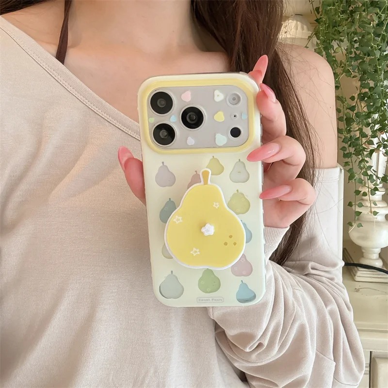 

Cute Pear Print Rotating Stand Phone Case For iPhone 15 16 17 Pro Max Kawaii Shockproof Protective Cover