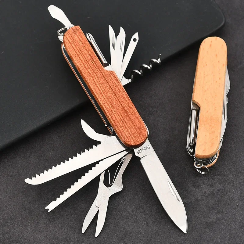 New Wooden Handle Swiss Knife 11 In 1 Portable Folding Army Knife EDC Multitool Survival Gadgets Camping Emergency Tools