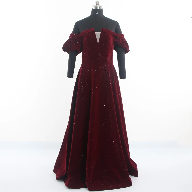 

Evening Dresses Burgundy Off the Shoulder Sleeves Velour A-line Floor-length Simple Plus Size Simple Formal Dress B1903