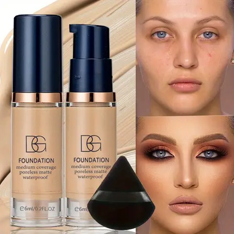 2Pcs Full Coverage Waterproof Liquid Foundation&Black Triangular Powder Puff-LongLasting Matte Finish Dark Circle&Blemish Cover