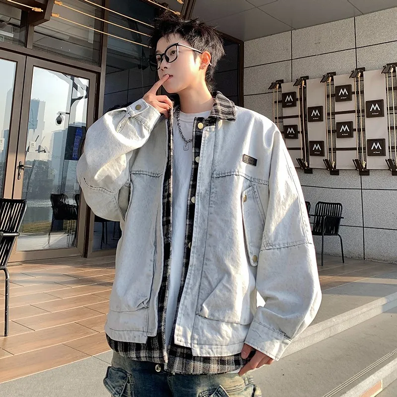 

Мужская джинсовая куртка свободного кроя в клетку для весны и осени, повседневная уличная модная ветрозащитная куртка из полиэстера с длинными рукавами