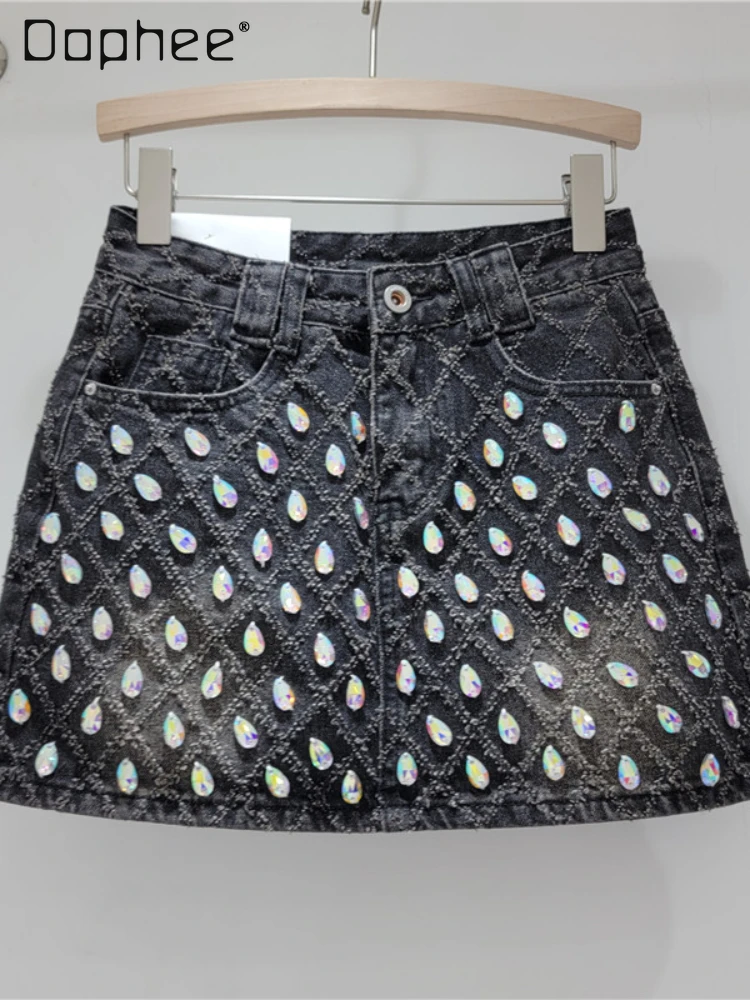 

Fashion Diamond Plaid Crystal Glass Drill Denim Skirts Women 2024 Spring and Summer New A- Line High-Waisted Black Skirt Female