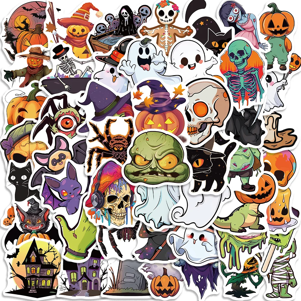 50pcs Halloween Stickers Horror Ghost and Pumpkin Sticker for Phone Case Scrapbooking Computer Guitar Waterproof DIY Decal