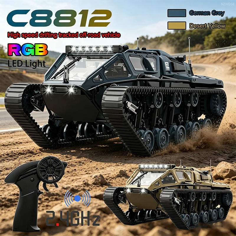 

New Upgrade C8812 RC Car Full Scale Tracked Tank Simulation LED Light Drift Remote Control Off-Road Vehicle for Kids