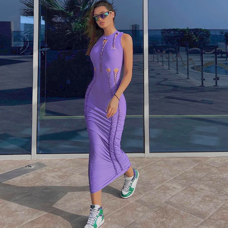 

Summer Spring Dresses Solid Lacy Fitted Round Neck Sleeveless Elegant Hollow Out Vacation Spicy Girl Bodycon Long Maxi Dresses