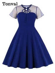 Tonval Tie Neck Mesh Sleeve Vintage Swing Dresses for Women 2026 Summer Pocket Side Solid Elegant Party Plain Dress