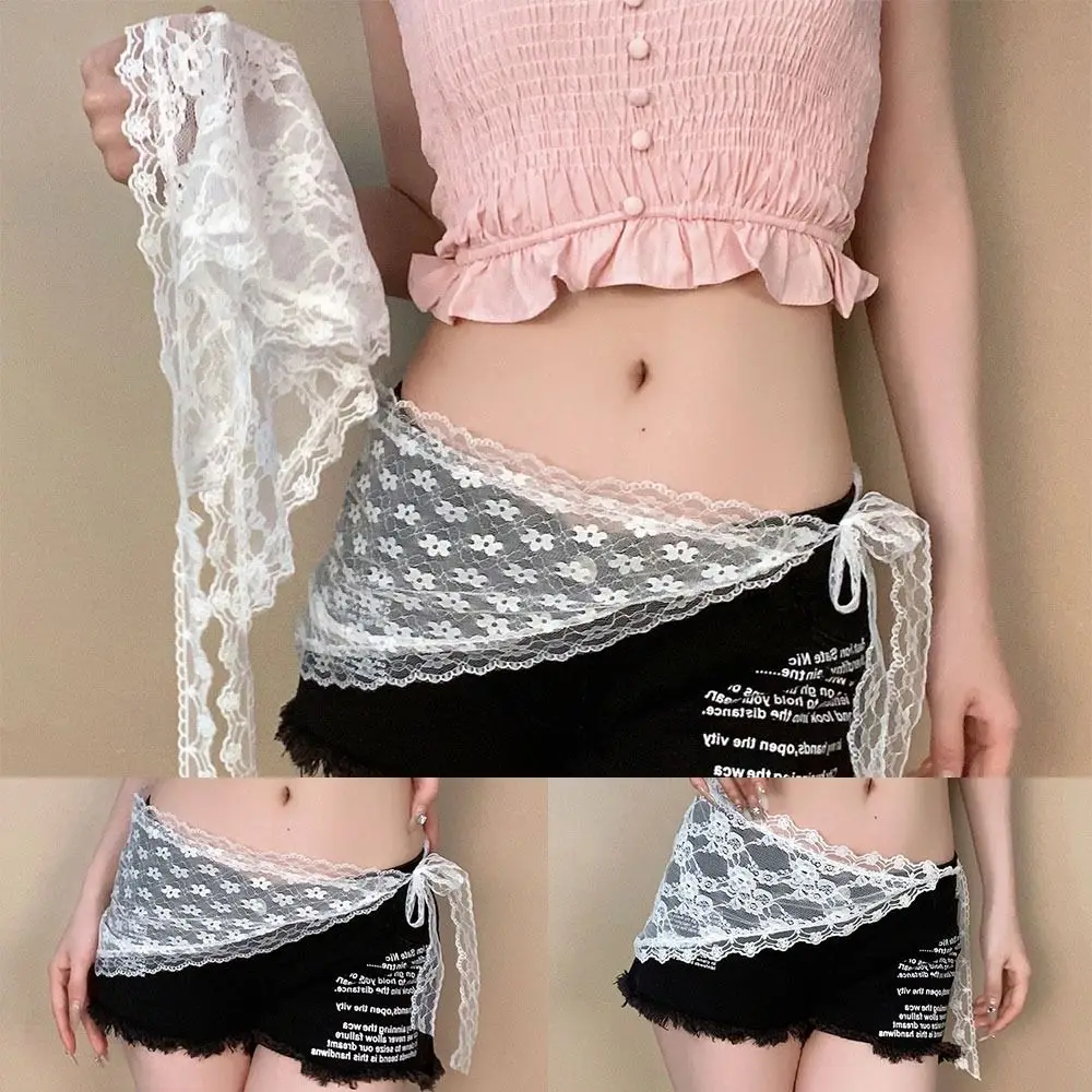 Pañuelo triangular con flores bordadas, ropa de calle Y2K, pañuelo cuadrado transparente, diadema, minifalda de encaje de algodón Harajuku