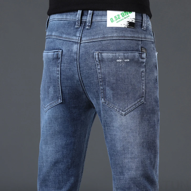 Celana Jeans Fleece KSTUN Pria Musim Dingin, Celana Denim Slim Fit Kasual Hangat, Celana Pensil Streetwear Musim Gugur Musim Dingin, Celana Skinny Biru