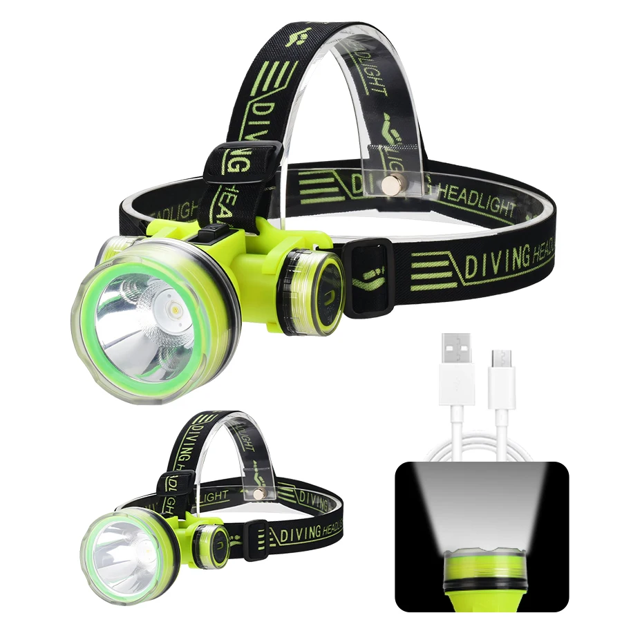 

IPX8 LED Super Bright Diving Headlamp with Built-in Battery USB Charging Headlight Fishing Shrimping Diving Playing Head Torch