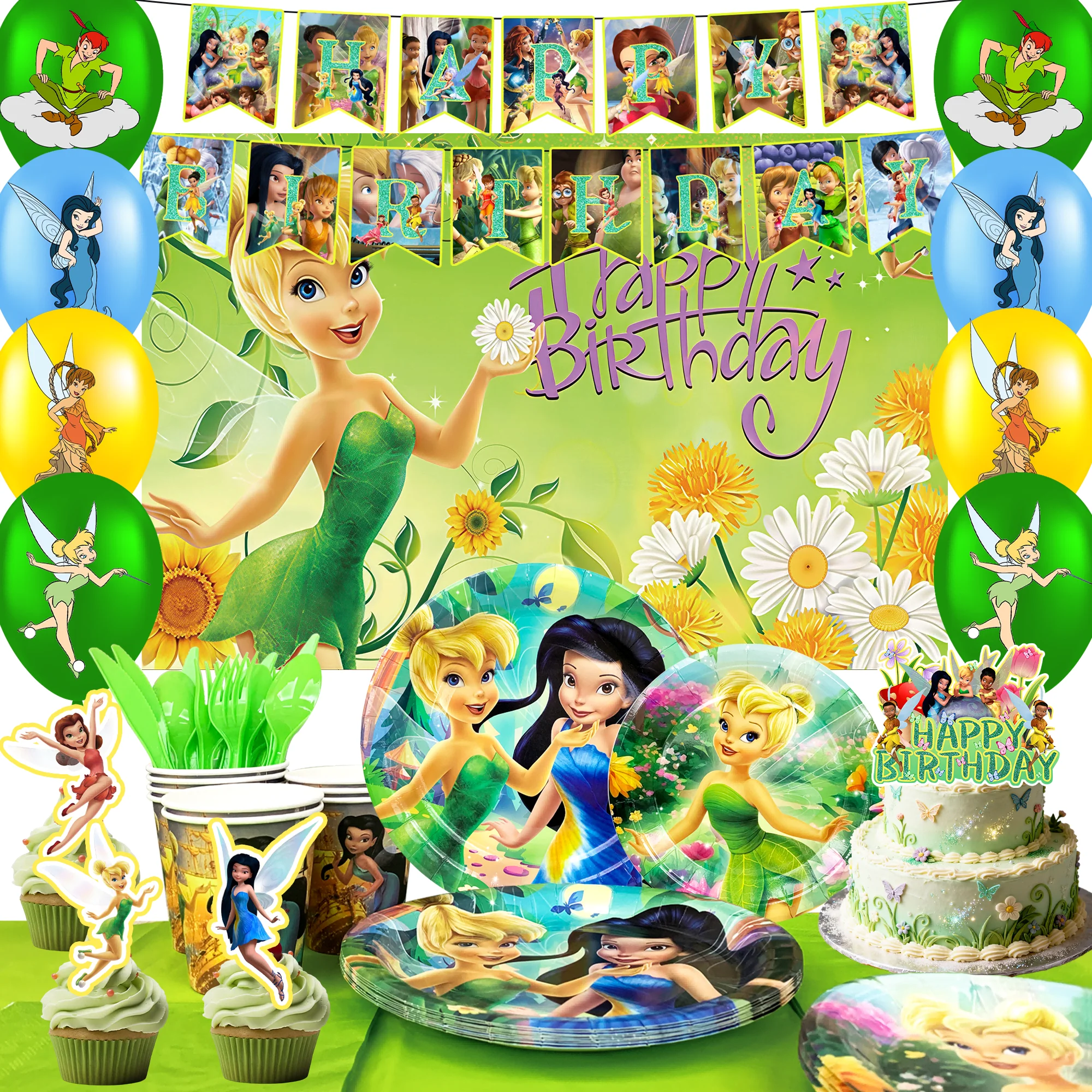 Fournitures de fête de fée clochette, 112 pièces, décorations d'anniversaire des fées Disney, bannière, ballons, assiette, tasse, etc., décorations de fête de fée clochette