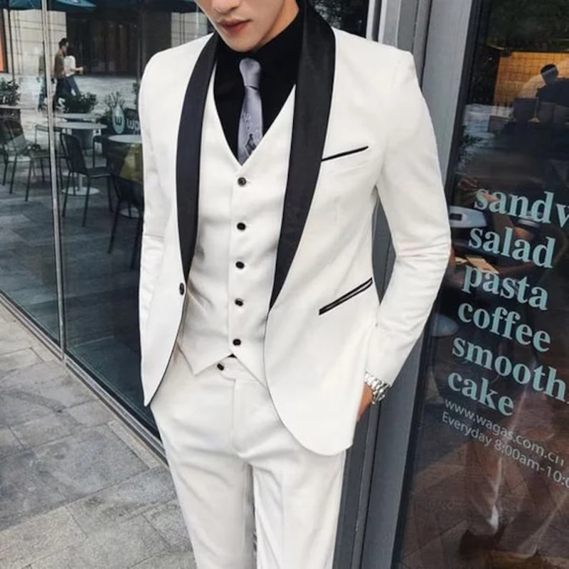

High Quality Men's Suits White Blazer Black Shawl Lapel Single Breasted Formal Occasion Outfits Party 3 Piece Jacket Pants Vest