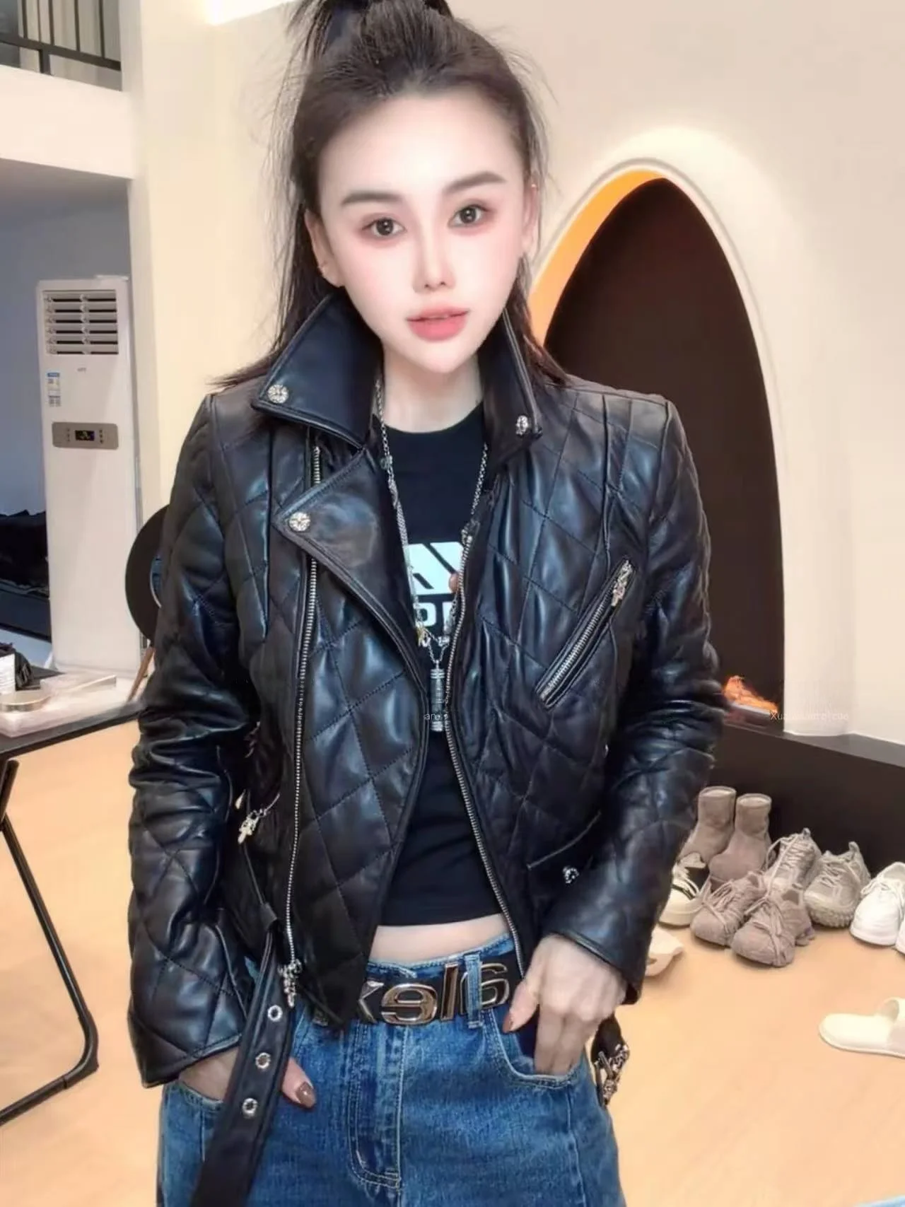 

Ning 2025 New Sle Women's Leather Jaet eepskin Coat Luxury Feel Small Size Genuine Leather Long Sve Zipper