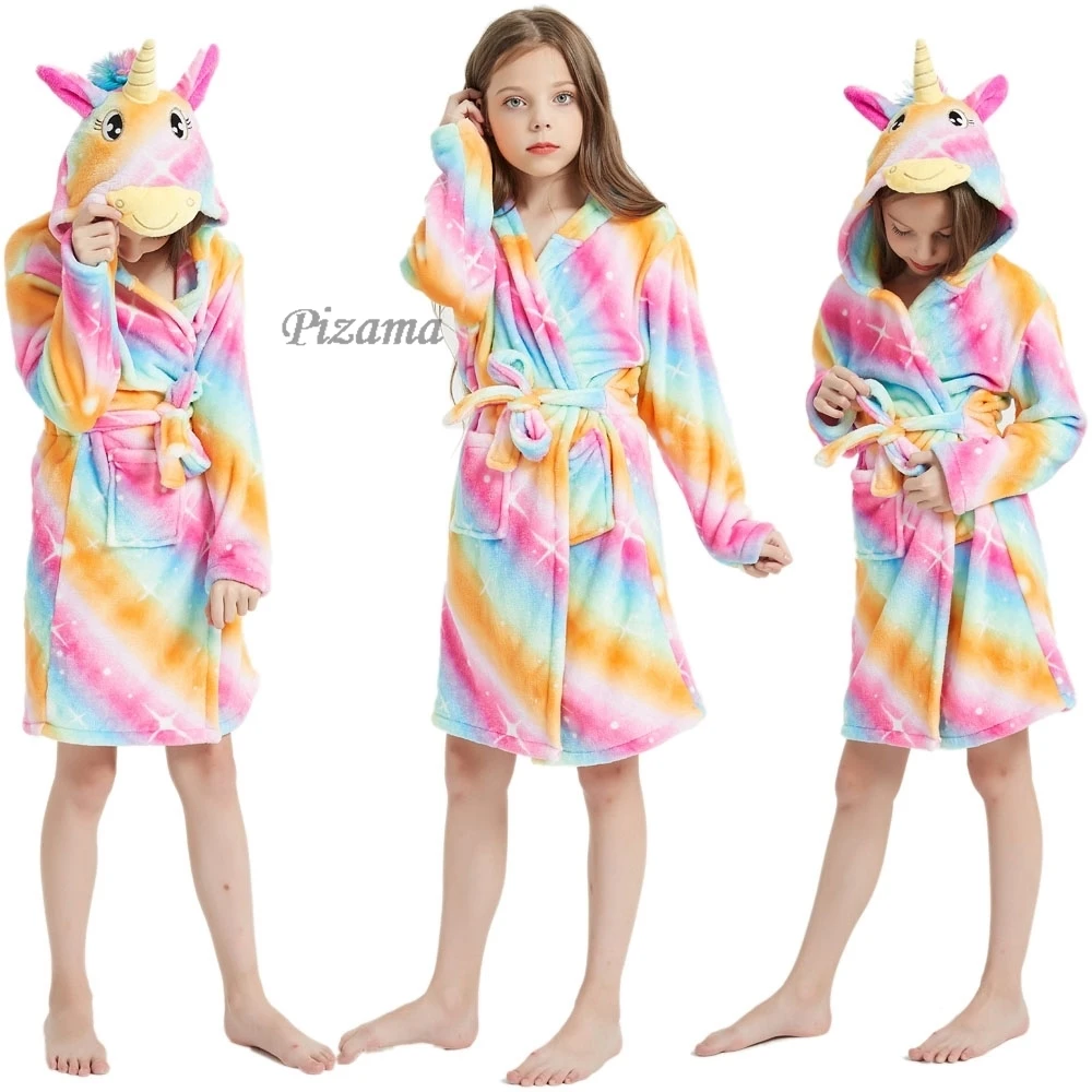 Winter Warm Girls Flannel Unicorn Kigurumi Bathrobe Children's Pajamas Nightwear Kids Sleepwear Baby Unicorn Fox Animal Robes