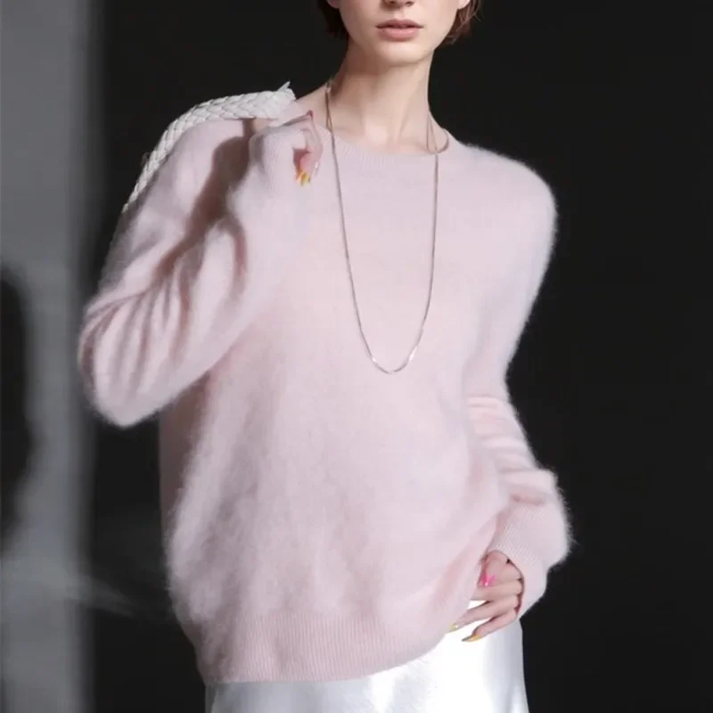 Pure Wool O Neck Fluffy Pullover for Women Loose Warm Autumn Winter Knit Top