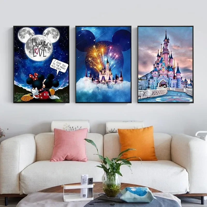 ديزني ميكي ميني القلعة قماش اللوحة الفنية الكرتون القلعة أنيمي الملصقات يطبع جدار صورة فنية للعيش Ro