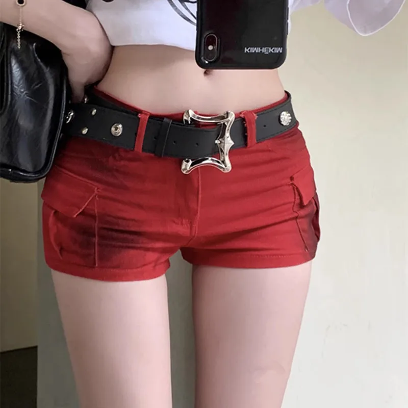 

Women's Shorts Red Vintage Hotsweet Pocket Denim Cargo Short Pants Woman Y2K 2000s Summer Fashion High Waist Slim Jean Shorts