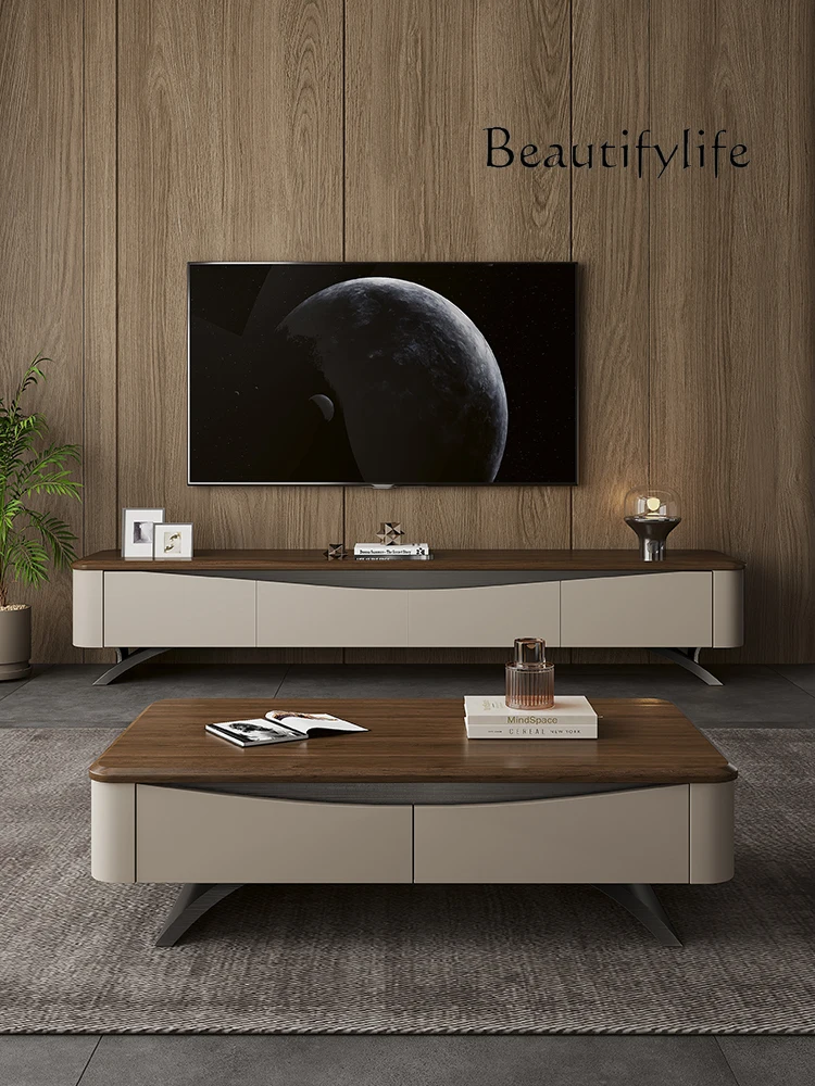 Light Luxury Black Walnut Wooden Tea Table TV Cabinet Combination Modern Designer High Sense Living Room Home