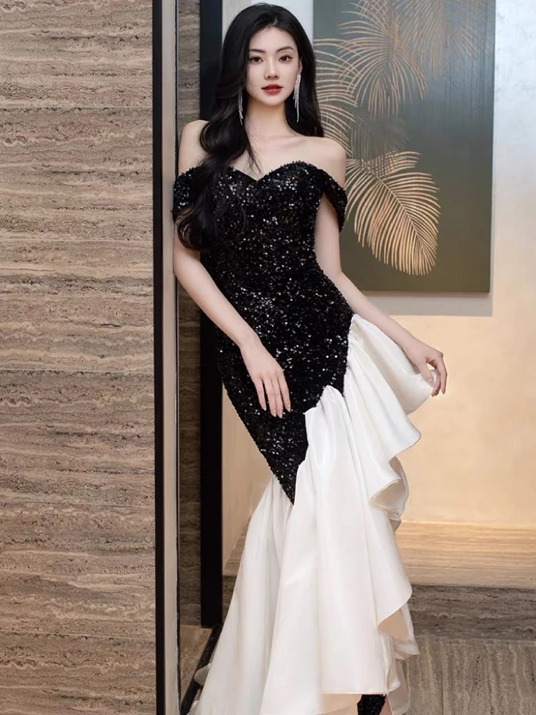 

Ruffle Prom Dresses Black Mermaid Sweetheart Sequins Host Temperament Boat Neck Luxury Graduation Quinceanera Celebrity Gowns