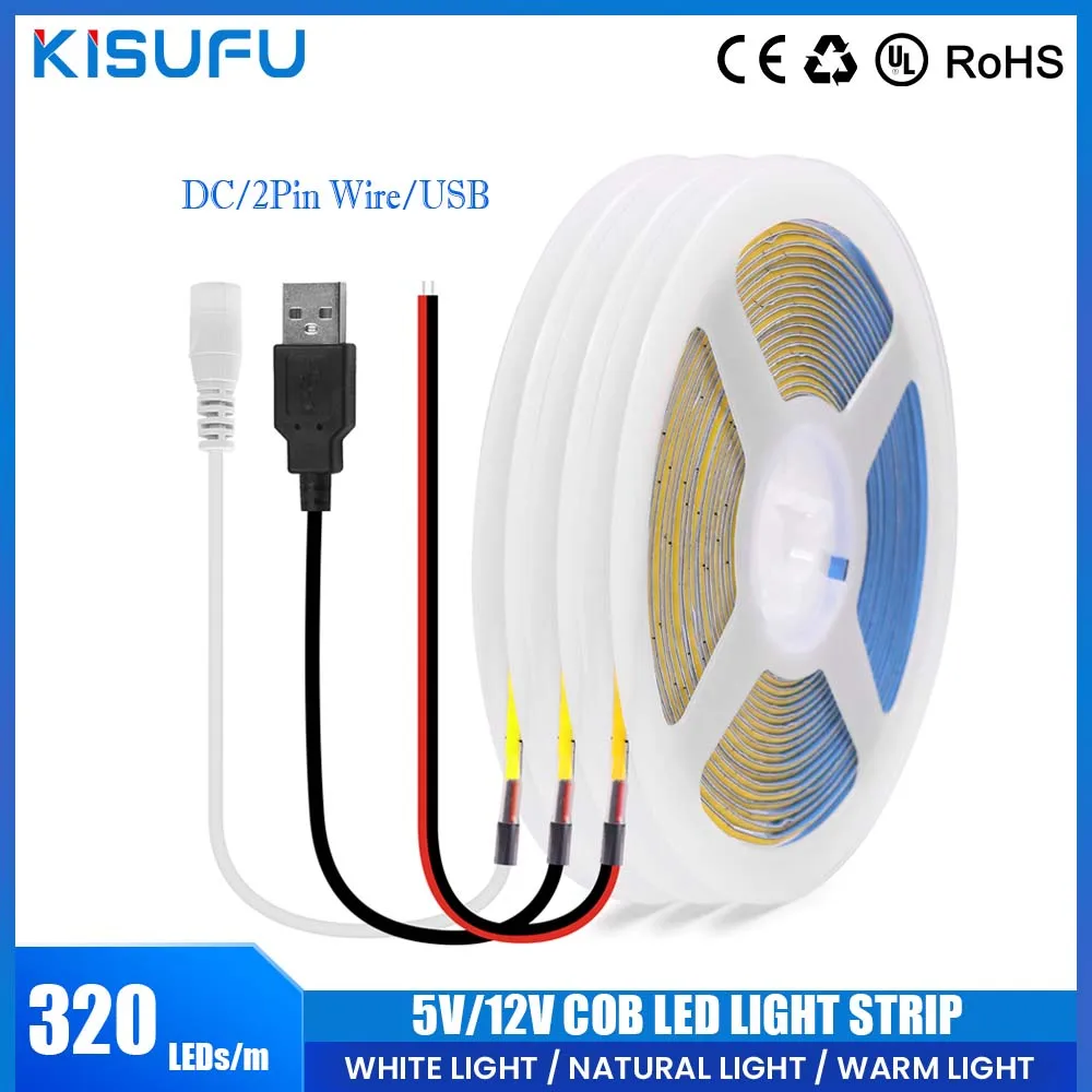 COB LED Strip Light 320LEDs/m High Density Flexible Tape Ribbon 3000-6500K LED Strip Light DC 12V Powered for USB/2Pin Wire/DC