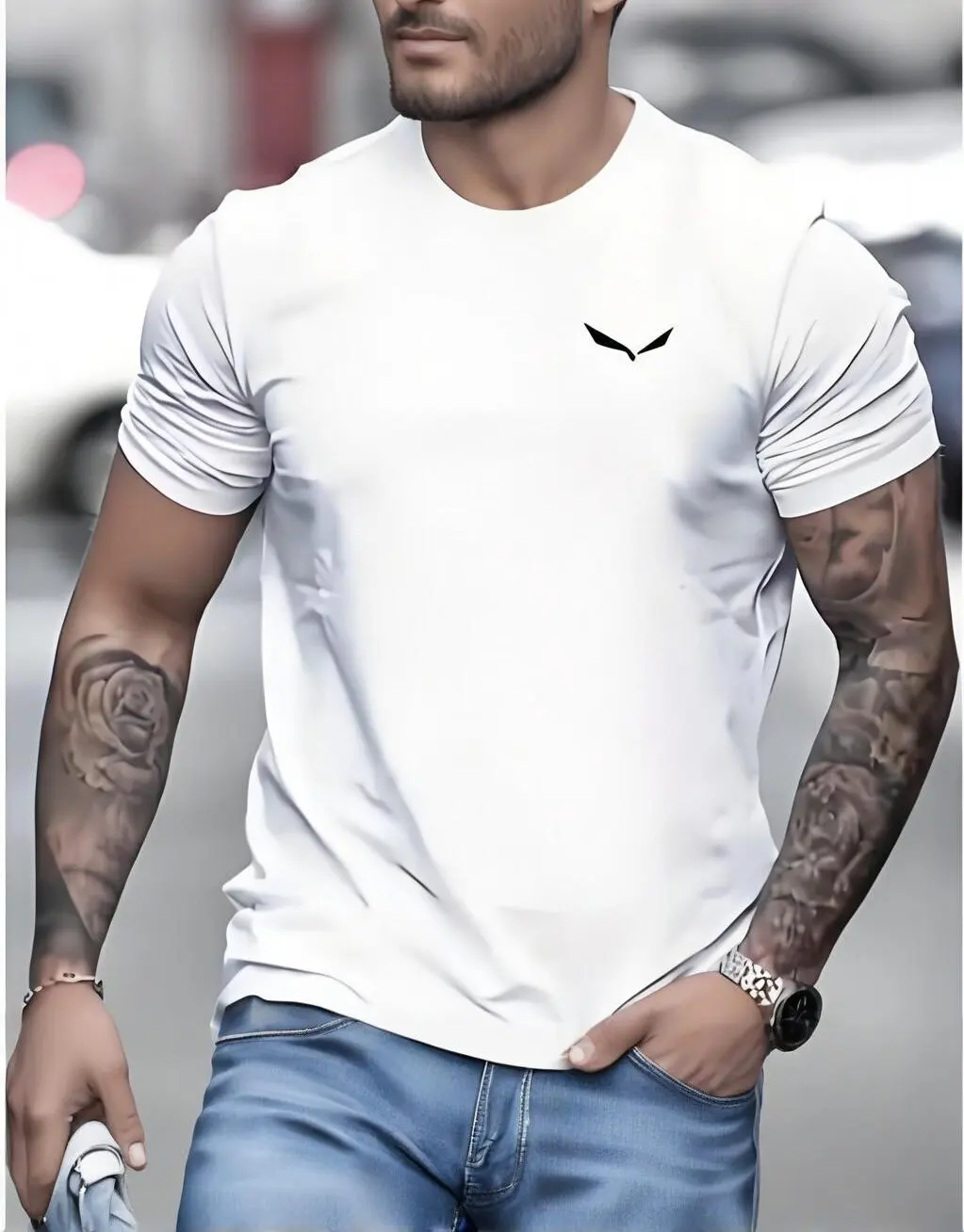 

2025Casual round neck short sleeved T-shirt, paired with 100% polyester herringbone bird print summer fashion men's clothing