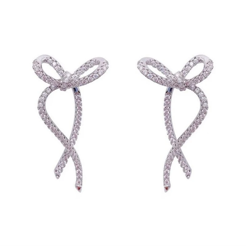 Fashion Silver Color Ribbon Bow Drop Earrings for Women Girls Korean Style Rhinestone Bow Ear Studs Earrings Wedding Jewelry