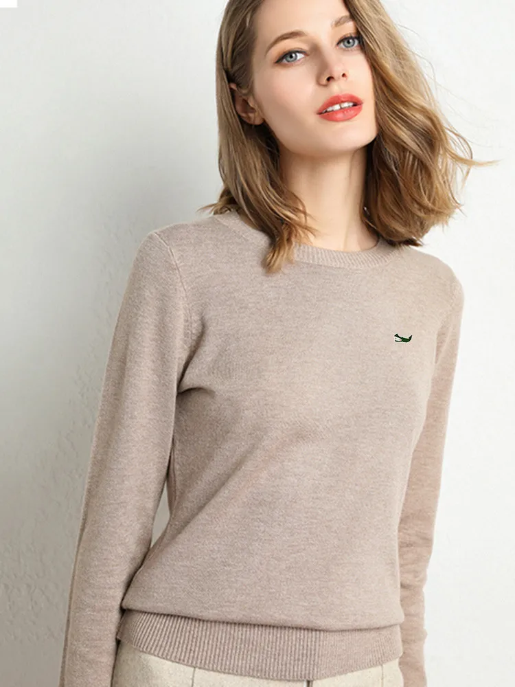 Women Autumn Winter Clothes  Neck Wool Sweater Long-sleeved Knitted Pullovers Shirt Embroidered Fish Logo Casual Sweater Tops