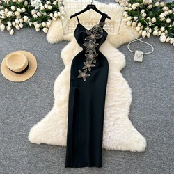 Elegant Sleeveless Vintage Three-dimensional Floral Chic Rhinestone Split Slim Straps Dress Evening High Street Autumn Clothing