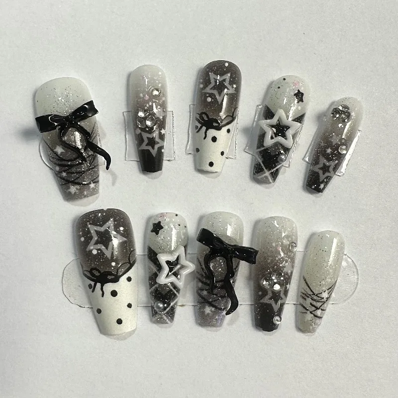 10PCS Sweet Cool Black Gradient French Press on Nails Star Bow Glitter Sequin Medium Coffin Fake Nails Polka Dots Square Nails