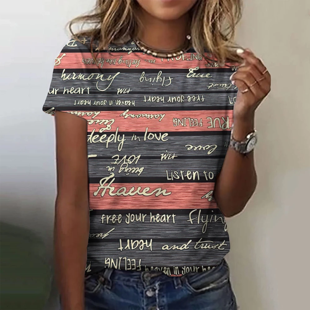 Retro Dames T-shirt Letter Patroon Print Tee Zomer Casual Ronde Hals Korte Mouw Vintage T-shirts Mannelijke Plus Size Kleding