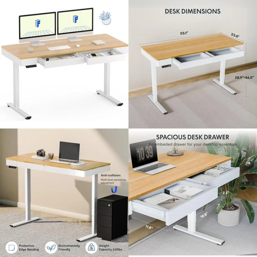 Escritorio eléctrico regulable en altura, 55"x24", cajón incluido, estación de trabajo ergonómica de pie