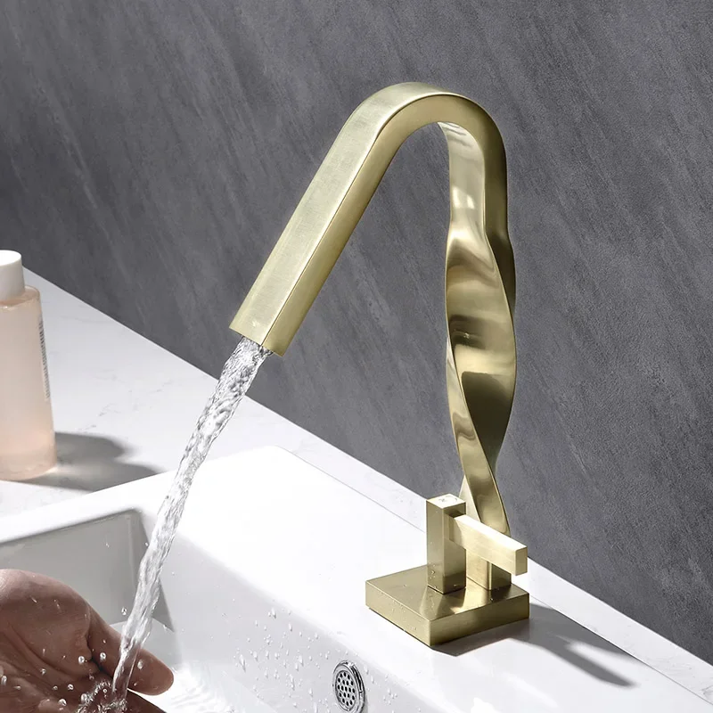 Brushed Gold Twist Design Bathroom Basin Faucet Waterfall Faucet Single Handle Single Hole Deck Mounted