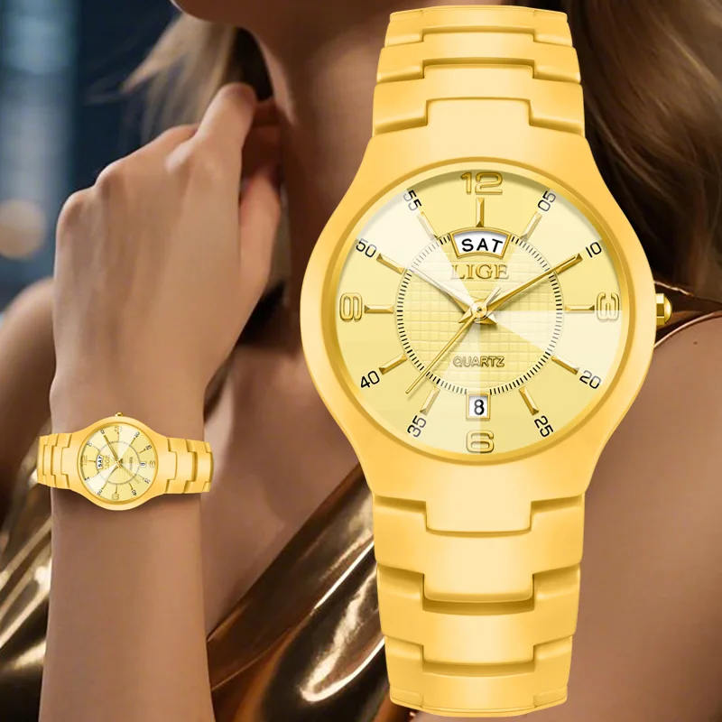 LIGE Luxury Golden Woman Watch Waterproof Fashion Quartz Ladies Wristwatch Date Week Full Ceramic Women's Watches Relojs+Box