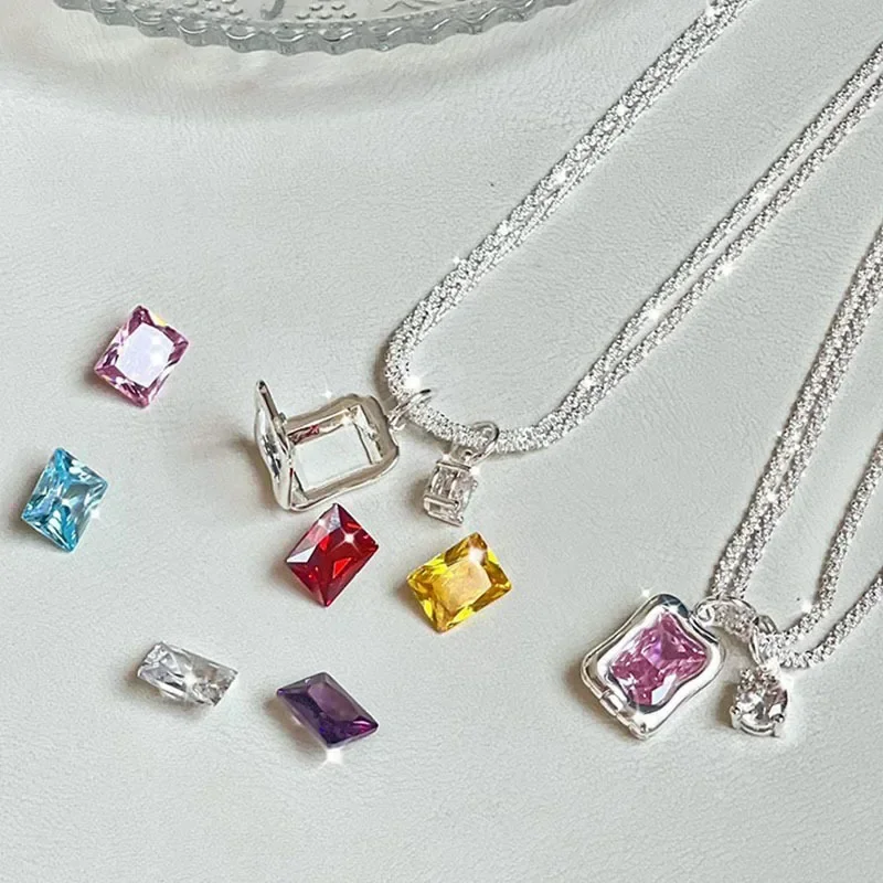 Super Flash Square Can Be Replaced with 6 Kinds of Colorful Gem Necklace N+ Wear Method Female Clavicle Chain Jewelry