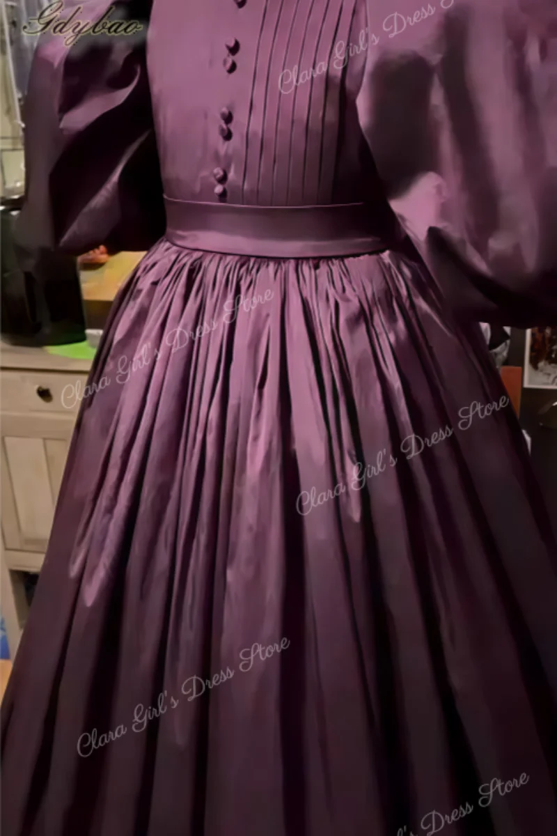 Aangepaste paarse eerste communie jurk voor kinderen pofmouwen bruidsmeisje jurk geplooide satijnen verjaardag jurk