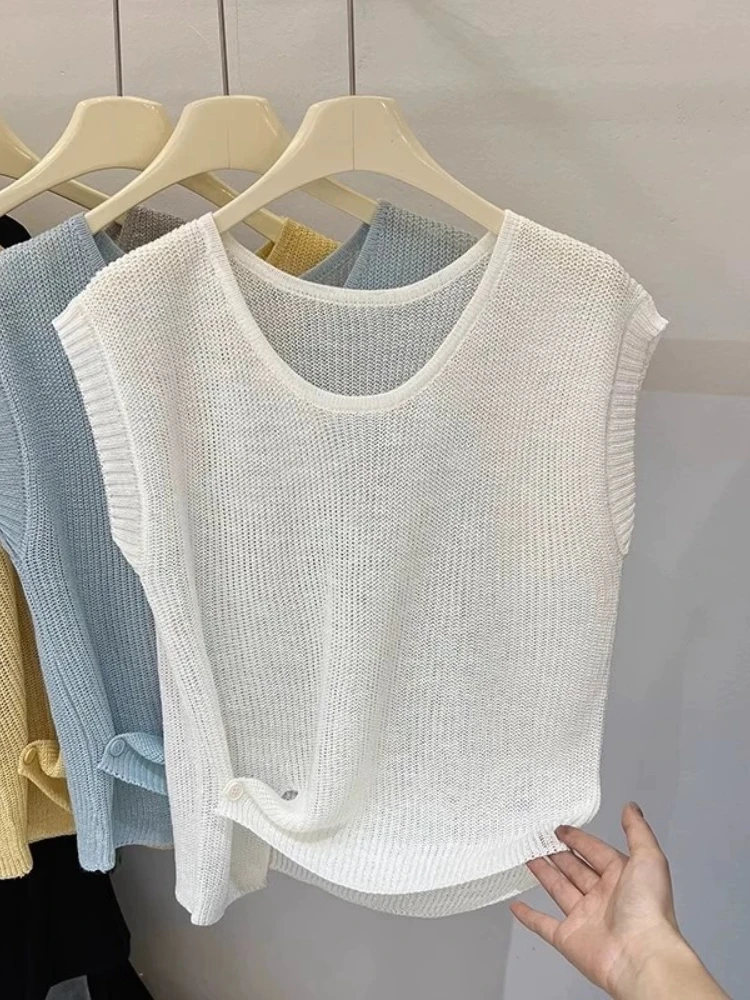 2026 Summer New Ice Silk Knitted Top European Style Side Knot Fashion Women T-shirt Simple Solid Color Versatile Tee
