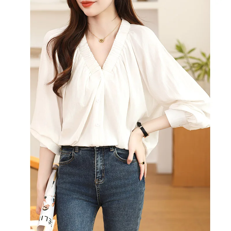 Women\'s Clothing French Style Solid V-neck Shirts Spring Summer Casual Loose Long Sleeve Button Blouses Chic All-match Tops