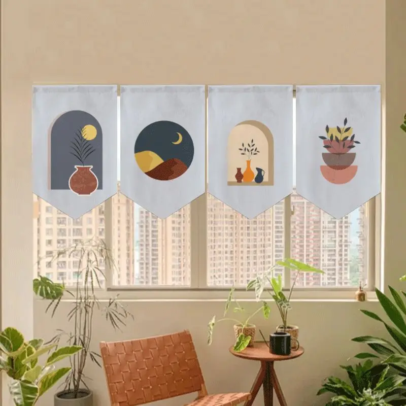 VIKAMA Morandi Arch Building Triangular Curtain Vase Plant Sun Moon Minimalist Nordic Kitchen Window Valance Banner Decor Soft
