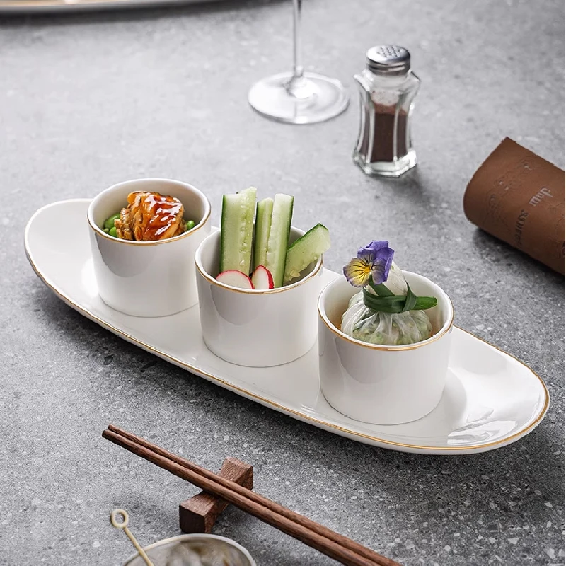 3pcs Fruit Salad Bowl White Ceramic Dessert Snack Bowl with Tray Gold Border Fruit Saucer Food Storage Decorative Tableware Home